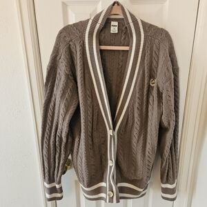PINK Cable Knit Collegiate Cardigan in Taupe with Cream Trim